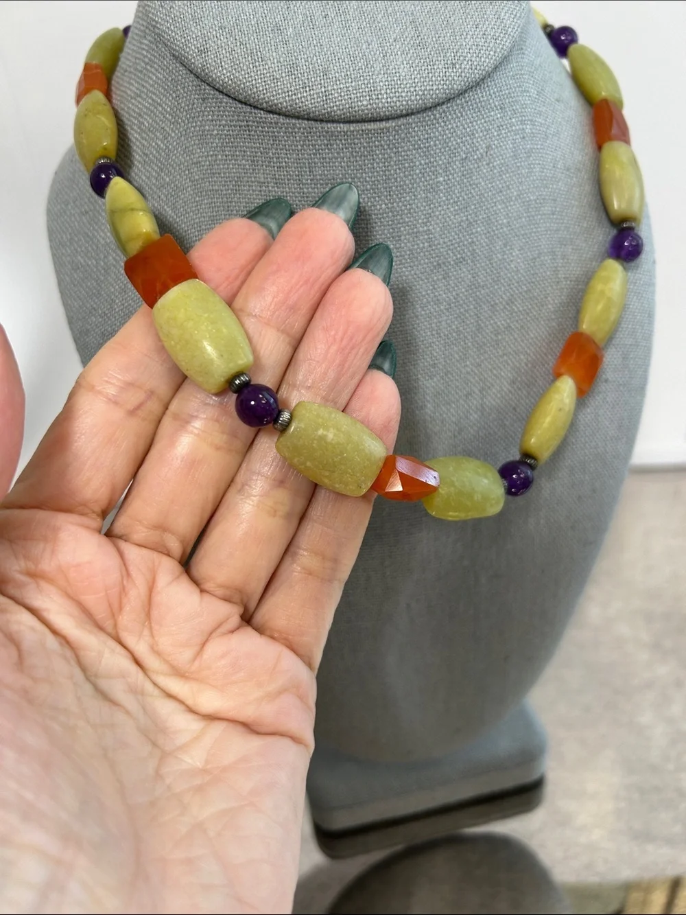 Handcrafted Serpentine, Amethyst and Carnelian Necklace - Green, Orange & Purple